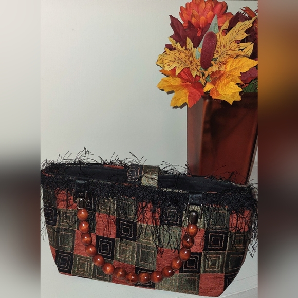 Copper & Black Fringe Handbag w/ Wooden Handles - Picture 3 of 8